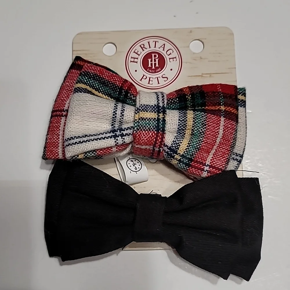 Pet Bow Ties - Red, Cream, Black Plaid Bow Tie and Black Bow Tie - set 2